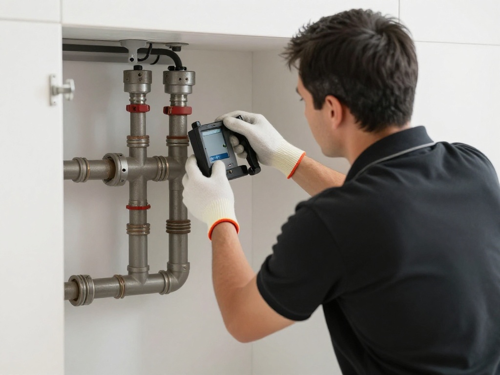 Plumber repairing supply lines beneath a commercial sink